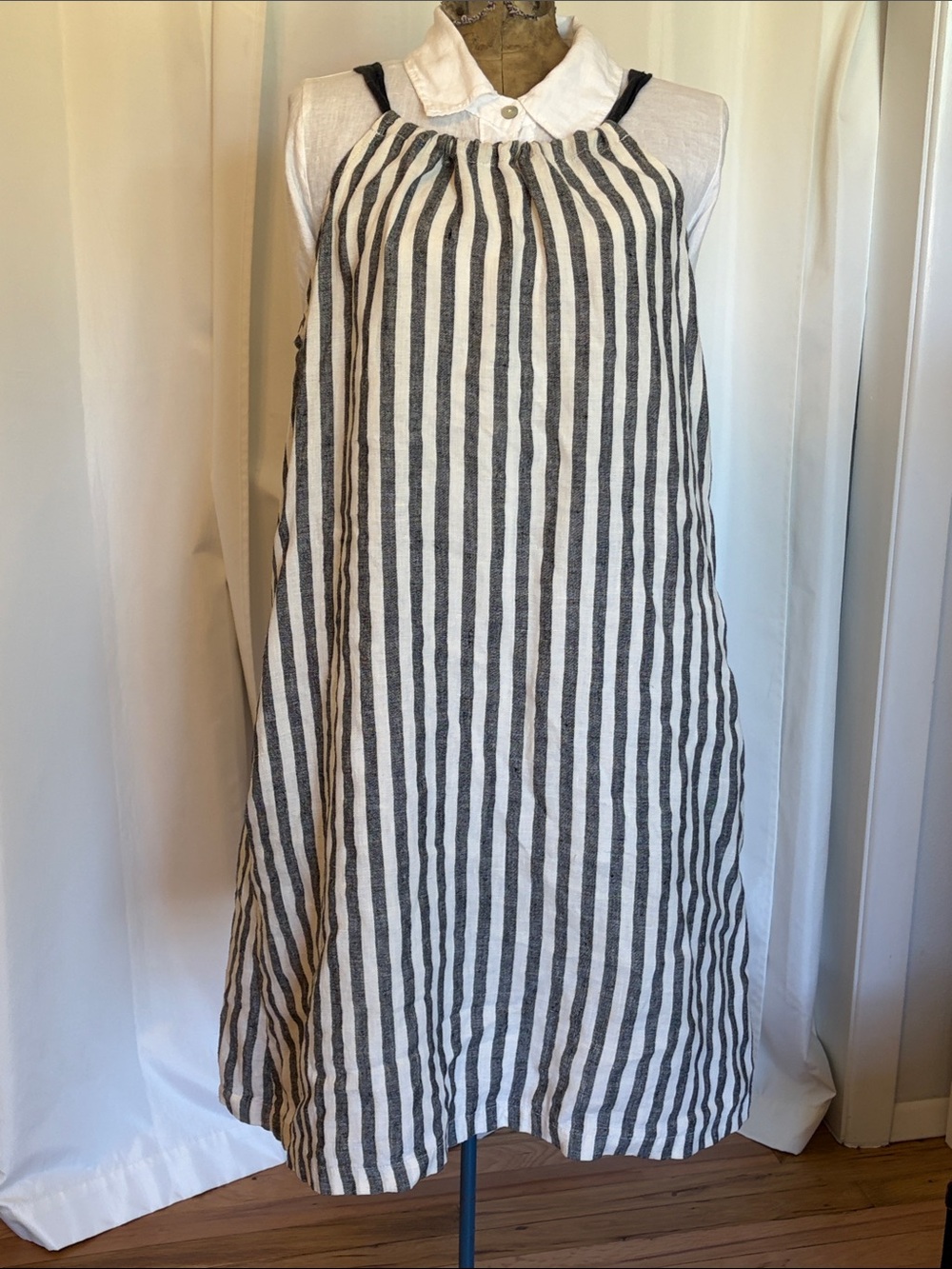 100% linen adjustable smock dress cream and gray striped S/M breezy
